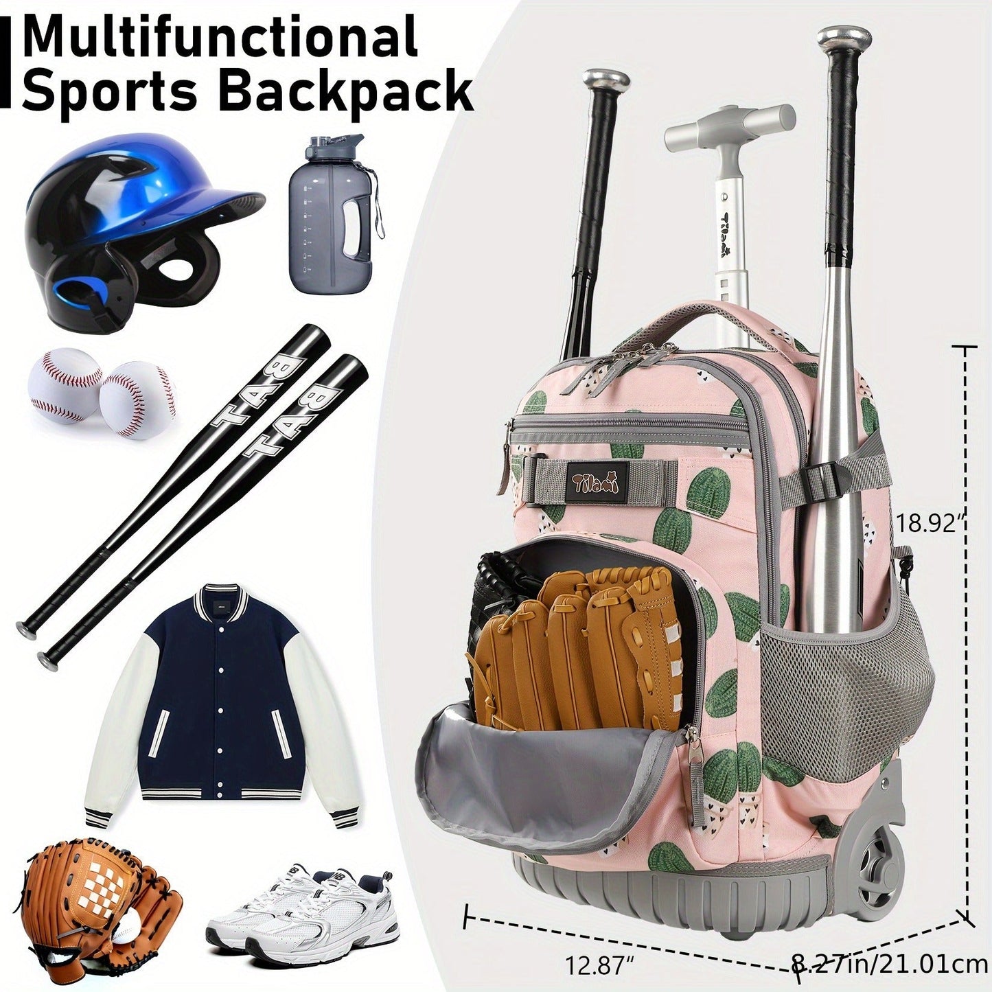 Wheeled Sports Backpack with Wheels – Large Capacity Baseball Softball Soccer Bag Multiple Pockets for Daily Commuting