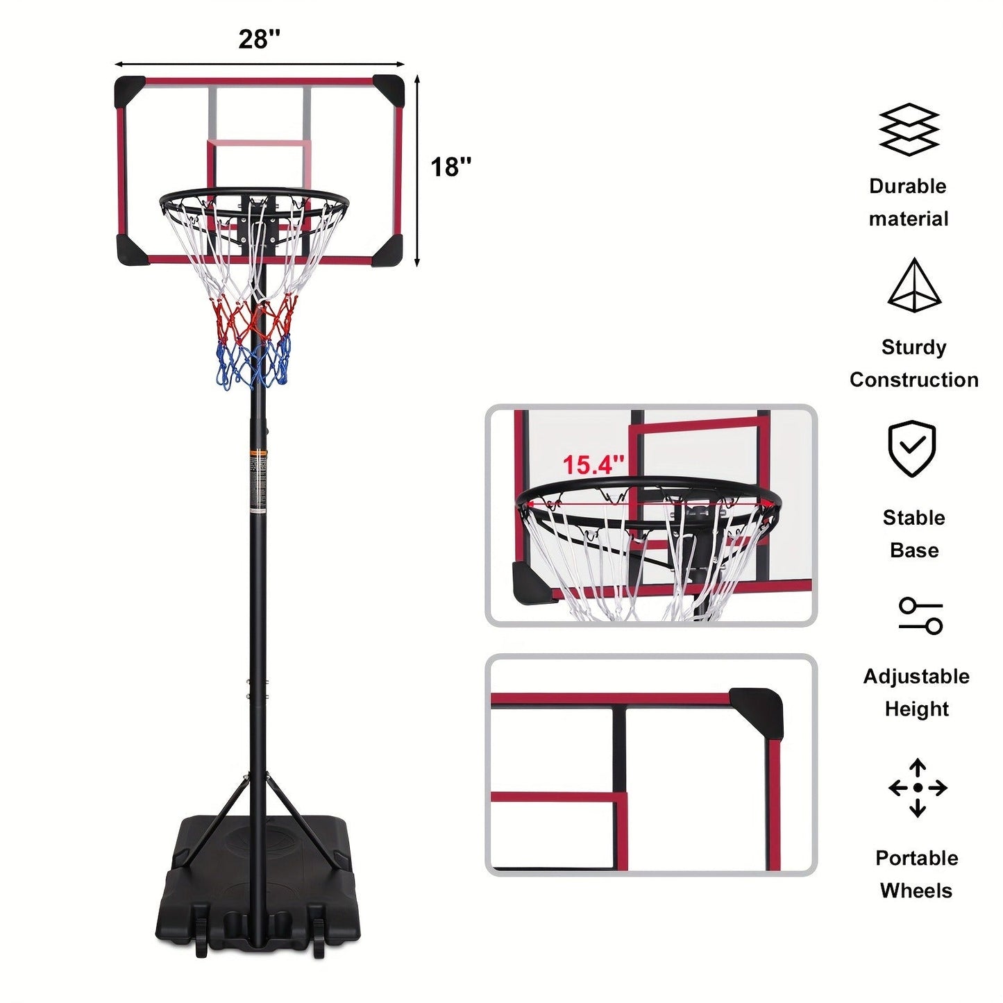 Height Adjustable Basketball Hoop 5.6-7Ft Portable Basketball System with 28" Backboard & Wheels for Outdoor Indoor Use