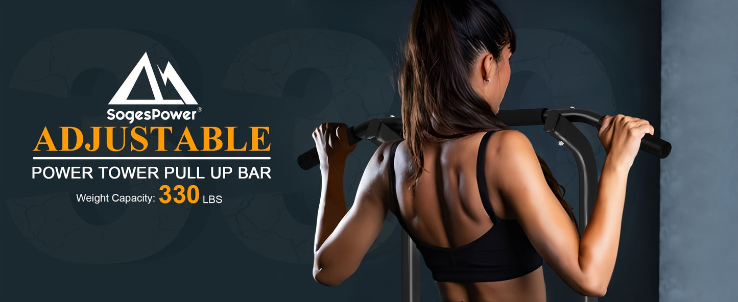 Power Tower Dip Station Pull Up Bar for Home Gym – 330lb Capacity, 10 Height Levels 65"-83", 6 Exercise Positions, H-Base with Suction Cups – Full Body Strength Training Equipment
