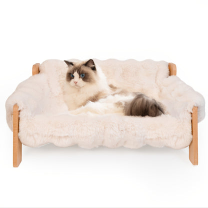 Raised Solid Wood Pet Couch Bed Elevated Modern Cat & Dog Sofa Chair 27x18x12 Inch - Thick Wide Wood Frame Space-Saving Cozy Pet Furniture for Cats & Small Dogs in White & Grey