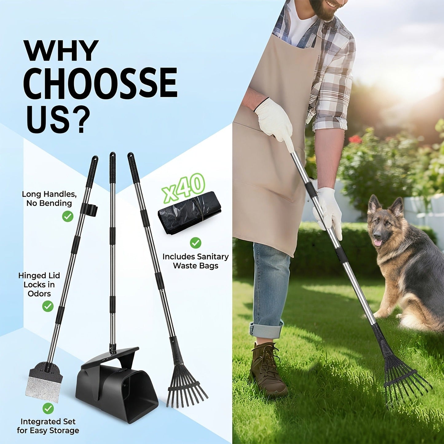 Dog Pooper Scooper with Long Handle & Swivel Bin - Heavy Duty Rake Spade Set, 40 Waste Bags Included, Pet Waste Removal for Yard Grass Gravel