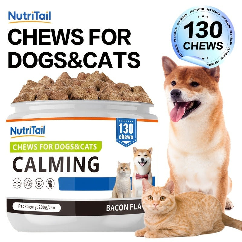 Pet Soft Chews for Skin & Hair, Probiotics & Calming - 200g / 130 Chewable Tablets, Moisturizes Skin, Maintains Coat, Supports Gut Health & Quiet Moments, Suitable for Dogs & Cats All Breeds