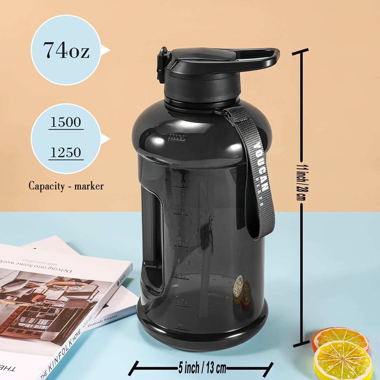 Half Gallon Water Bottle 74oz with Insulated Sleeve, Straw & Time Marker – BPA Free Leakproof Large Sports Jug with Carrying Handle & Strap for Gym, Fitness & Outdoor