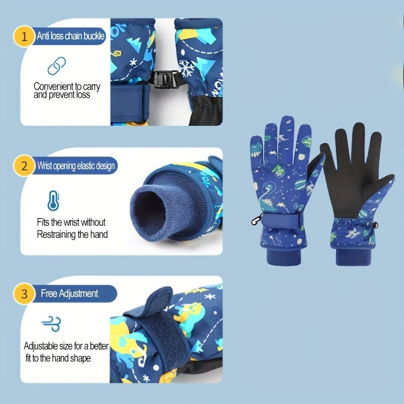 Kids Ski Gloves Winter Plus Velvet Warm – Boys & Girls Snow Play Gloves Ages 4-13, Windproof Polyester with Plush Lining, Sizes M (7-9Y) & L (9-13Y), Navy Blue, Black & Pink