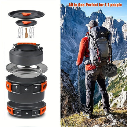Camping Cookware Set for 2-3 People, Portable Aluminum Outdoor Cooking Kit with Pot, Frying Pan, Kettle & Cutlery, Lightweight Foldable Camp Kitchen Gear for Hiking, Backpacking & Travel