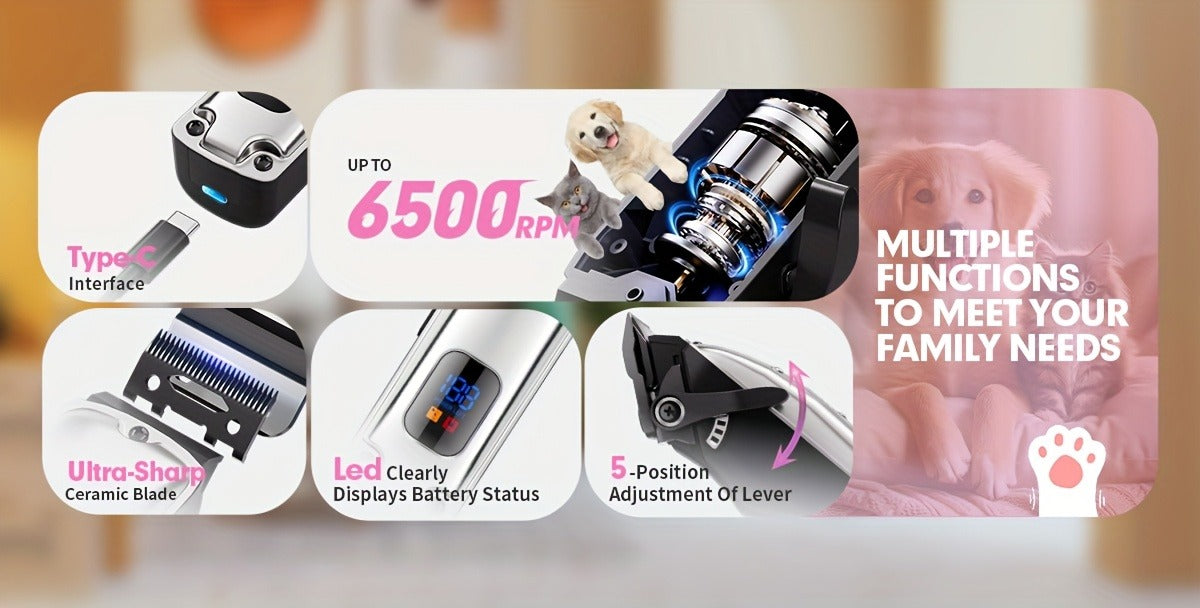 Dog Grooming Clippers Professional Kit - Low Noise Rechargeable Pet Hair Trimmer with Ceramic Blade, 8 Guards, Scissors & Comb for Dogs, Cats & Thick Coats