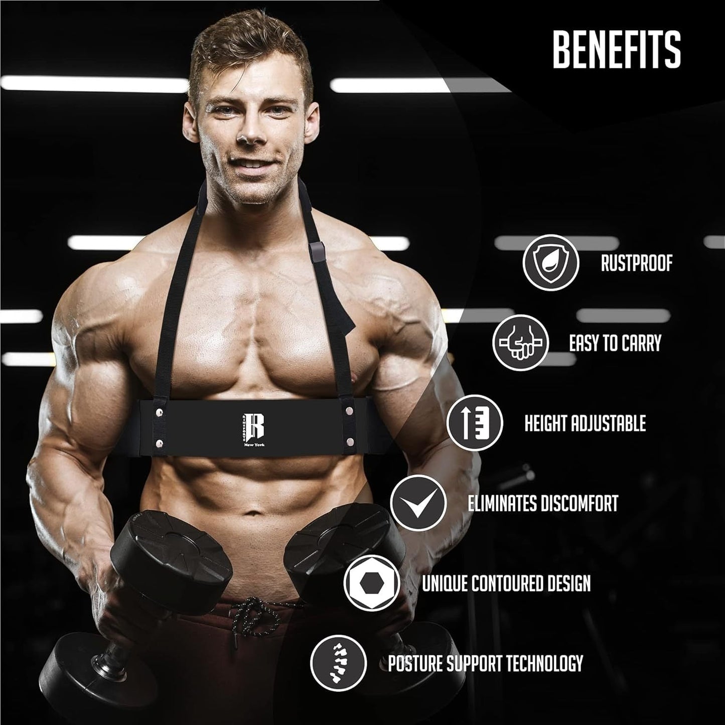 Arm Blaster for Biceps & Triceps – Heavy Duty Aluminum Bicep Curl Isolator, Adjustable Strap with Neck & Elbow Pads, Portable Preacher Curl Alternative for Home Gym
