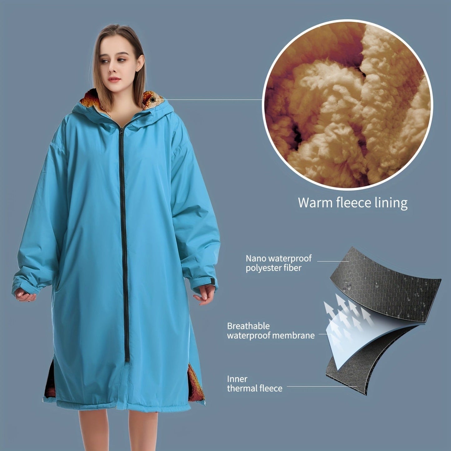 Changing Robe Fleece Lined Hooded – Long Sleeve Windproof Warm Surf Poncho for Swimming, Surfing, Diving, Camping & Hiking – 43.3x31.5in, 4 Colors: Navy, Black, Red, Blue