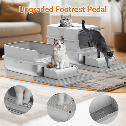 Stainless Steel Cat Litter Box with Lid - Extra Large 68L Enclosed & Semi-Open Modular System, 304 Steel Non-Stick Easy Clean, Charcoal Filter, Litter Mat & Scoop Included, Indoor XL Pet Toilet