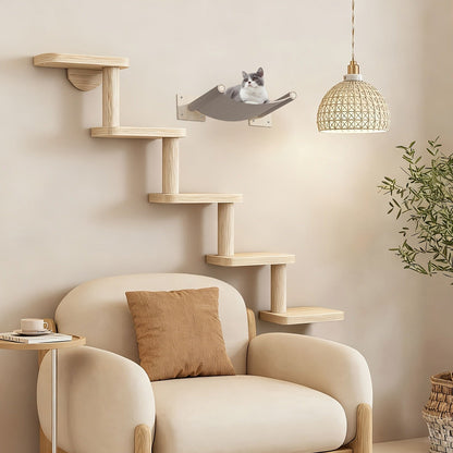 Wall-Mounted Cat Tree 5 Layers Solid Wood Indoor Cat Climbing Frame Jumping Platform Ladder Space-Saving for Small Spaces Multi-Cat Homes Living Room Bedroom Balcony