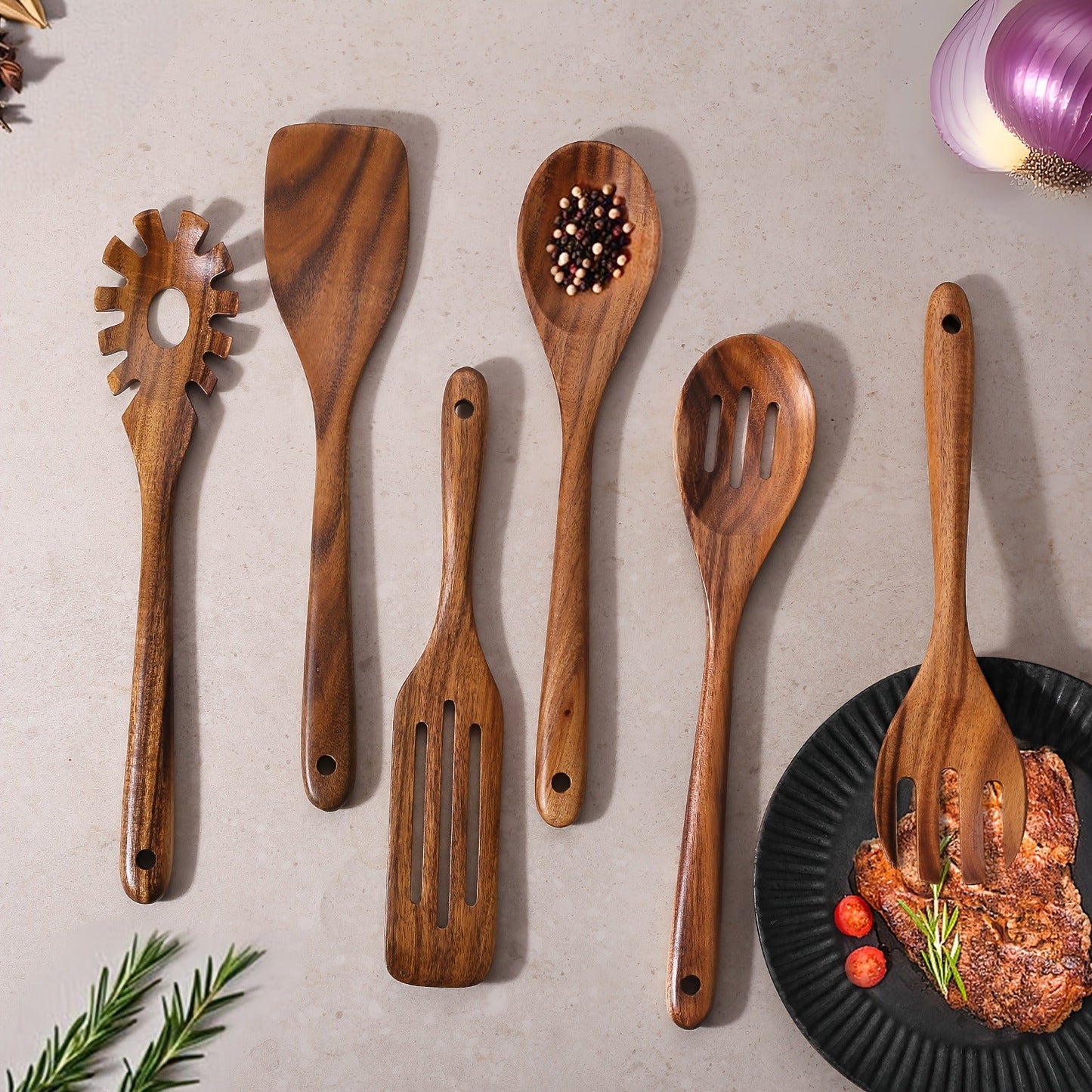 Wooden Cooking Utensils Set 6 Piece – Teak Wood Non-Stick Kitchen Tools with Comfortable Grip | Sturdy, Lightweight & Heat-Resistant Utensils for Indoor & Outdoor Cooking