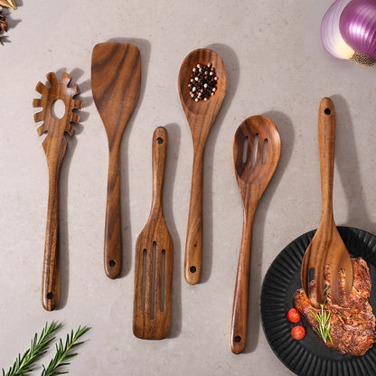 Wooden Cooking Utensils Set 6 Piece – Teak Wood Non-Stick Kitchen Tools with Comfortable Grip | Sturdy, Lightweight & Heat-Resistant Utensils for Indoor & Outdoor Cooking