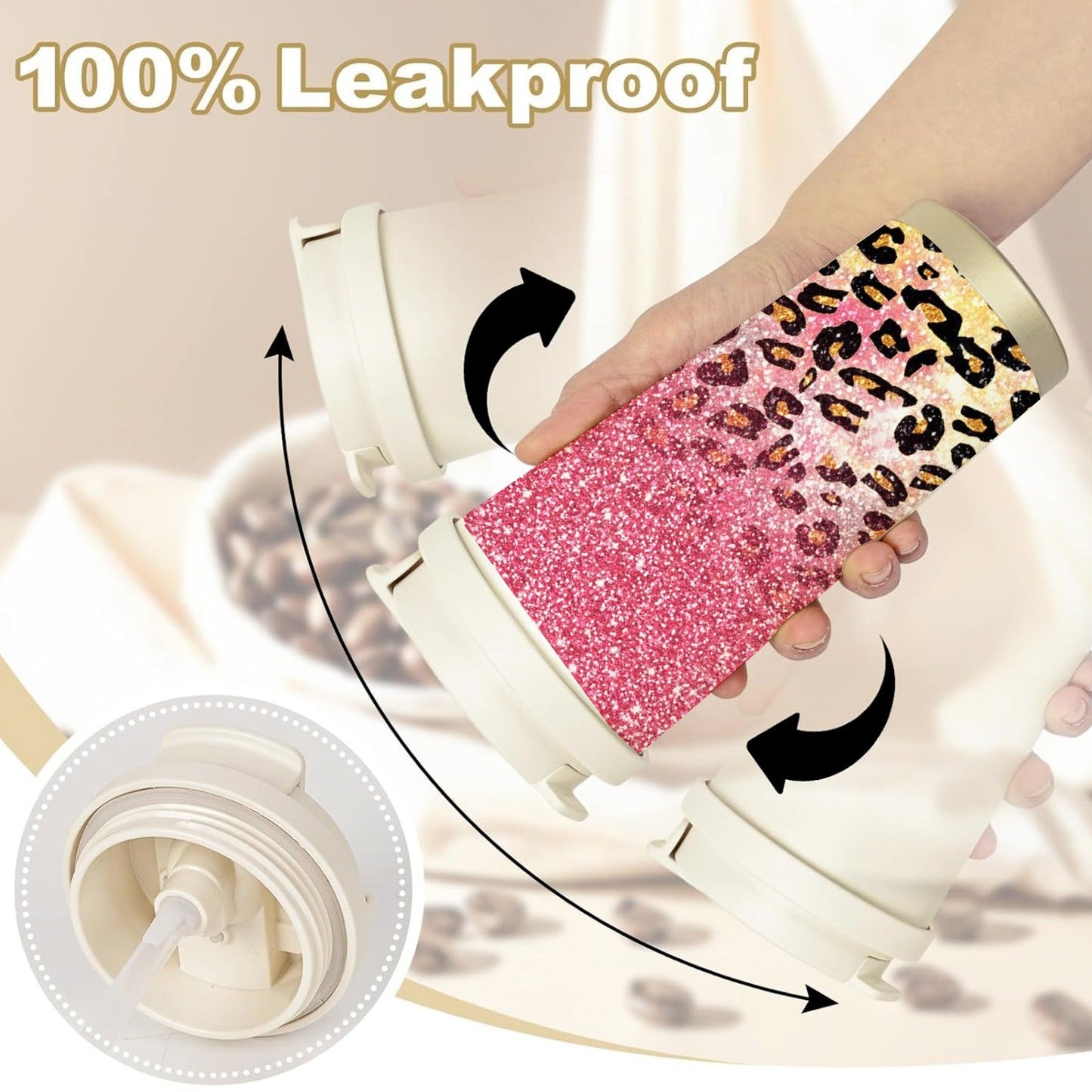 Insulated Stainless Steel Tumbler 18oz - Pink Glitter & Golden Leopard Print, Leak-Proof Foldable Straw Lid, Keep Hot 12H Cold 24H, Trendy Travel Coffee Cup Gift for Women