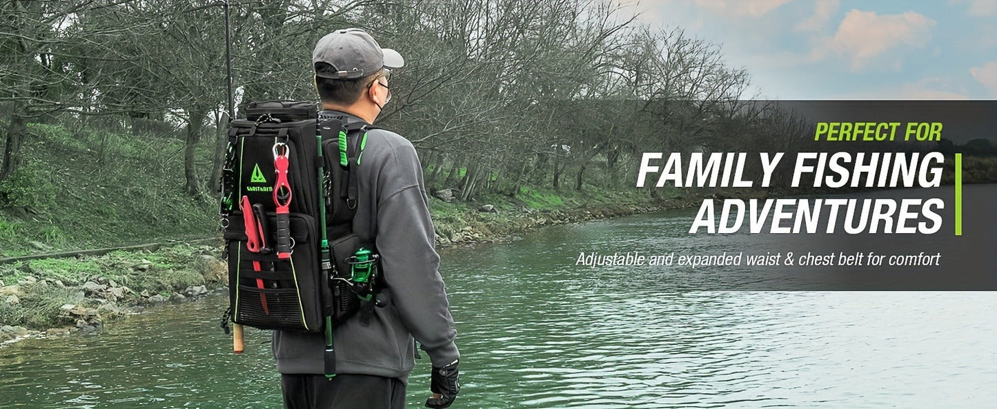 Large Fishing Tackle Bag with 4 Tackle Boxes – 43L Backpack with Rod Holder, Detachable Waist Pack & Gear Storage for Men Women | Black, Khaki & Camo
