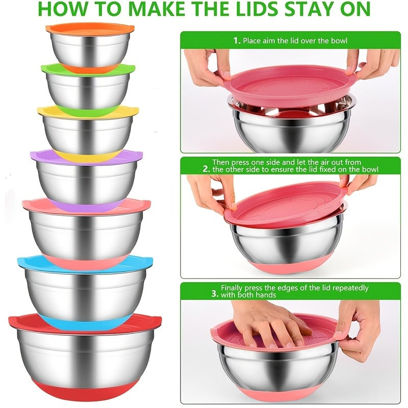 Stainless Steel Mixing Bowls Set with Airtight Lids 7 Piece, Stackable Nesting Bowls with Measuring Spoons Whisk Spatula Tongs Basting Brush, Dishwasher Safe Kitchen Bowls for Cooking Baking Camping Travel