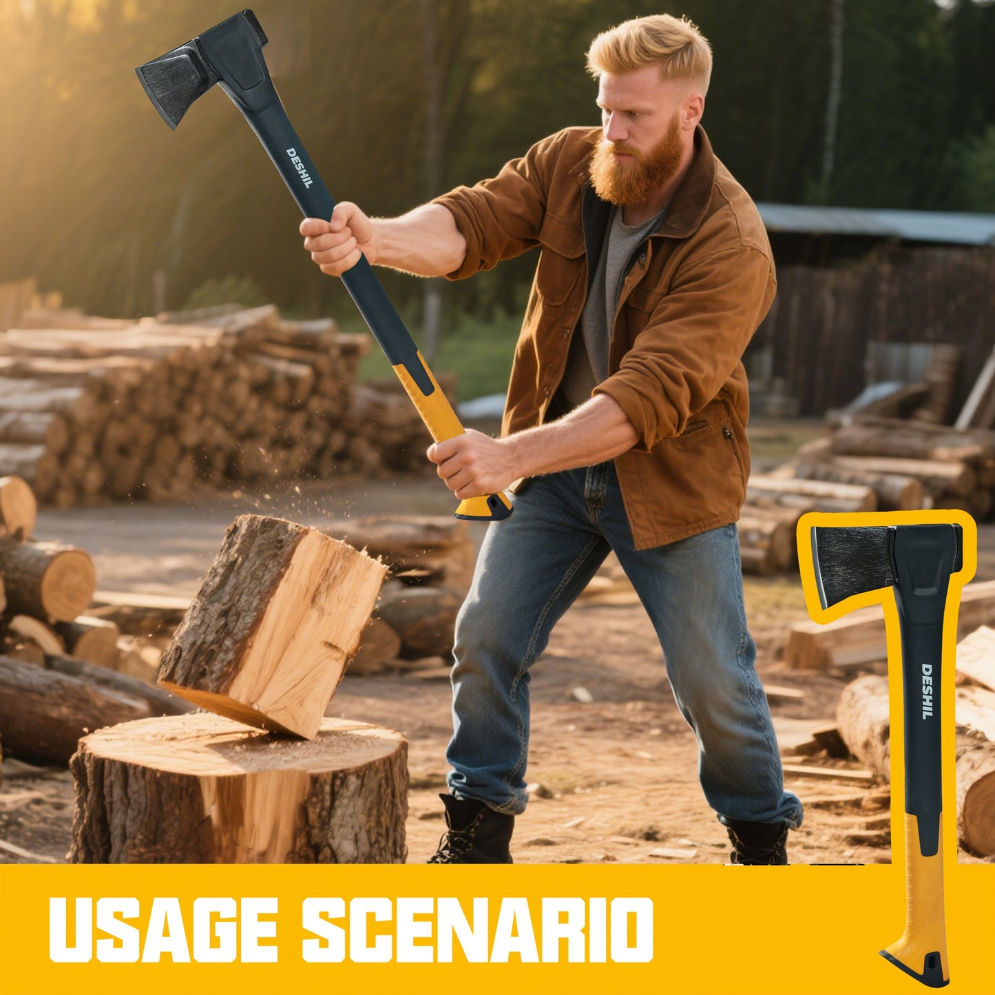 Carbon Steel Camping Hatchet Wood Splitting Axe – Teflon-Coated Forged Steel Blade, Shock-Absorbing Fiber Handle, Anti-Rust & Non-Slip, 4 Sizes (14"/18"/24"/28") for Camping, Firewood & Gardening