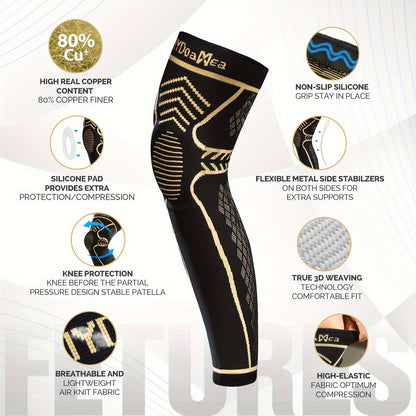 Copper Full Leg Knee Brace Compression Sleeve with Patella Gel Pad & Metal Side Stabilizers - 60% Copper Ions Infused Knee Support for Men & Women Running Workout Sports, Sizes S to 6XL