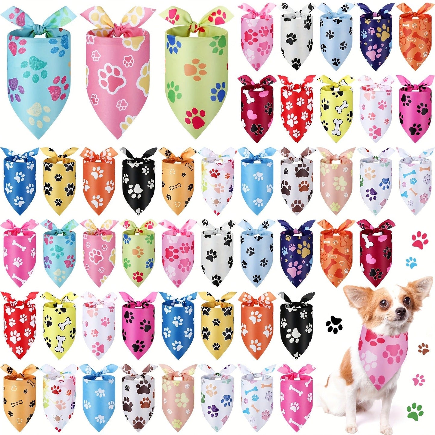 Dog Bandanas 50-Pack Paw Print Triangle Kerchief Bulk Set – Pet Costume Bibs for Dogs & Cats, Party Accessories for Grooming Salons, Puppy Photoshoots & Holiday Celebrations