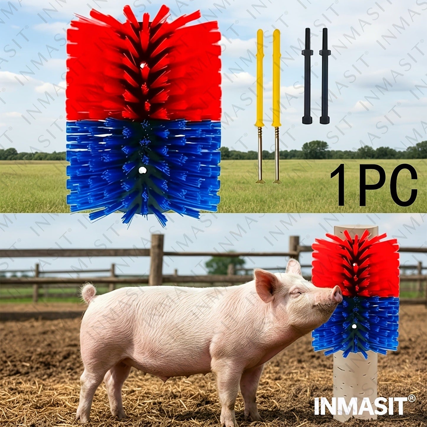 Livestock Grooming Brush Scratcher 8.7" – All-in-One Massage & Itch Relief Tool for Horse, Cow, Goat & Pig | Easy Install with 4 Screws, Battery-Free Stress Reduction, Red/Blue & Yellow/Blue