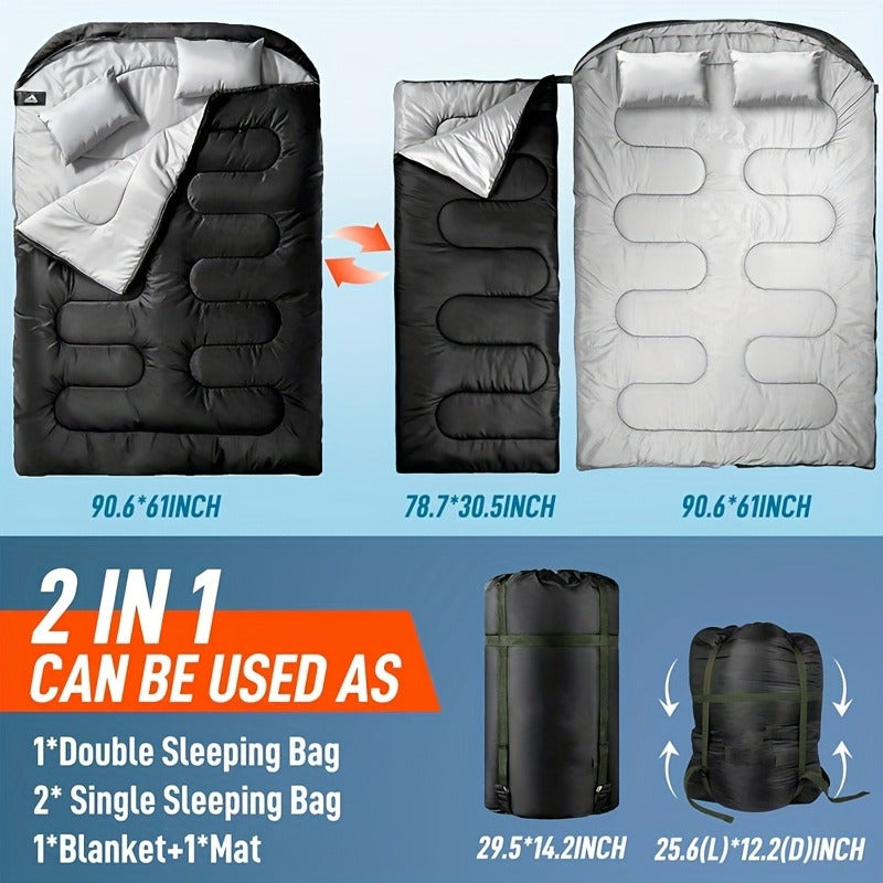 Double Sleeping Bag XL with Pillow for Two Adults – 2-Person Couple Sleeping Bag for Year-Round Camping, Hiking & Backpacking in Cold & Warm Weather, 90.6x61 Inch