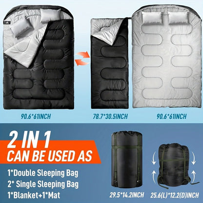 Double Sleeping Bag XL with Pillow for Two Adults – 2-Person Couple Sleeping Bag for Year-Round Camping, Hiking & Backpacking in Cold & Warm Weather, 90.6x61 Inch