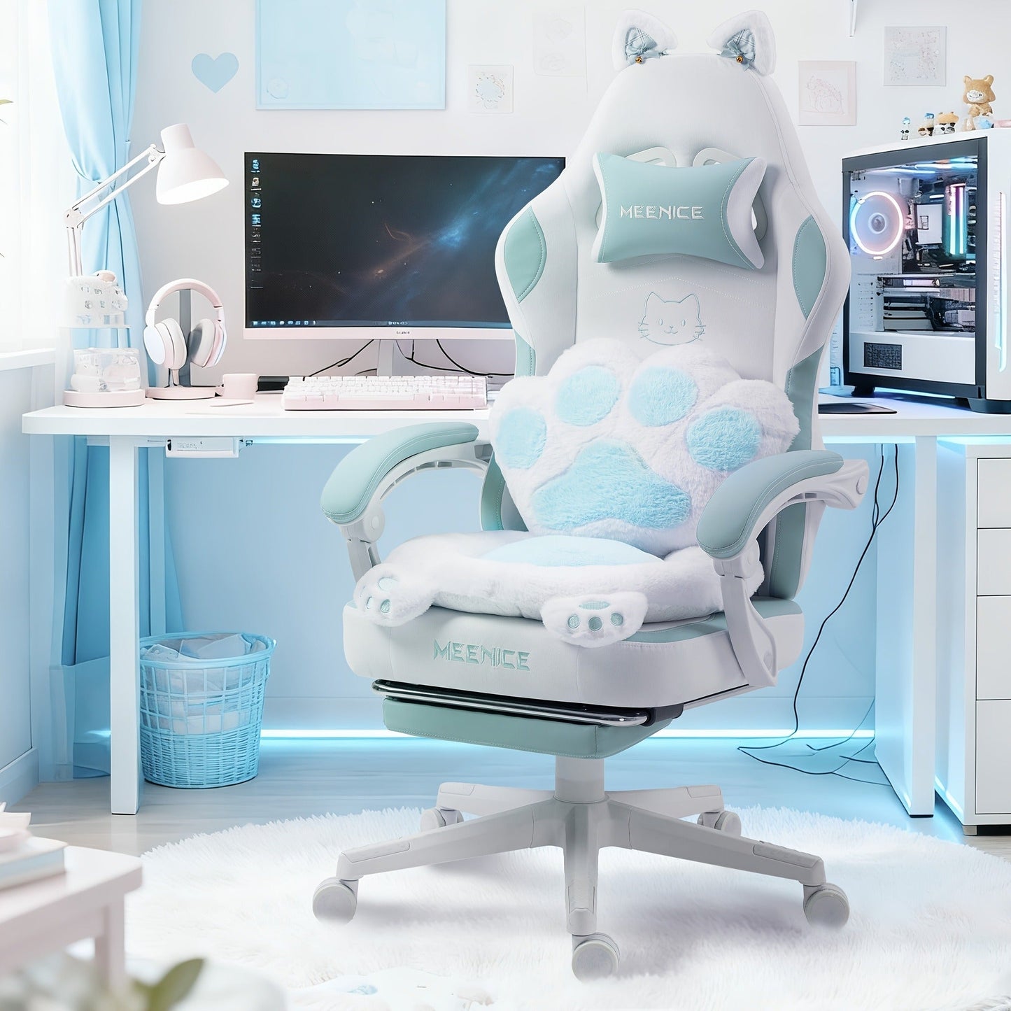 Cat Ear Gaming Chair Ergonomic Reclining Computer Chair with Footrest Paw Lumbar Cushion Wingback PC Game Chair for Girls Adults 300LBS Pink Black Blue