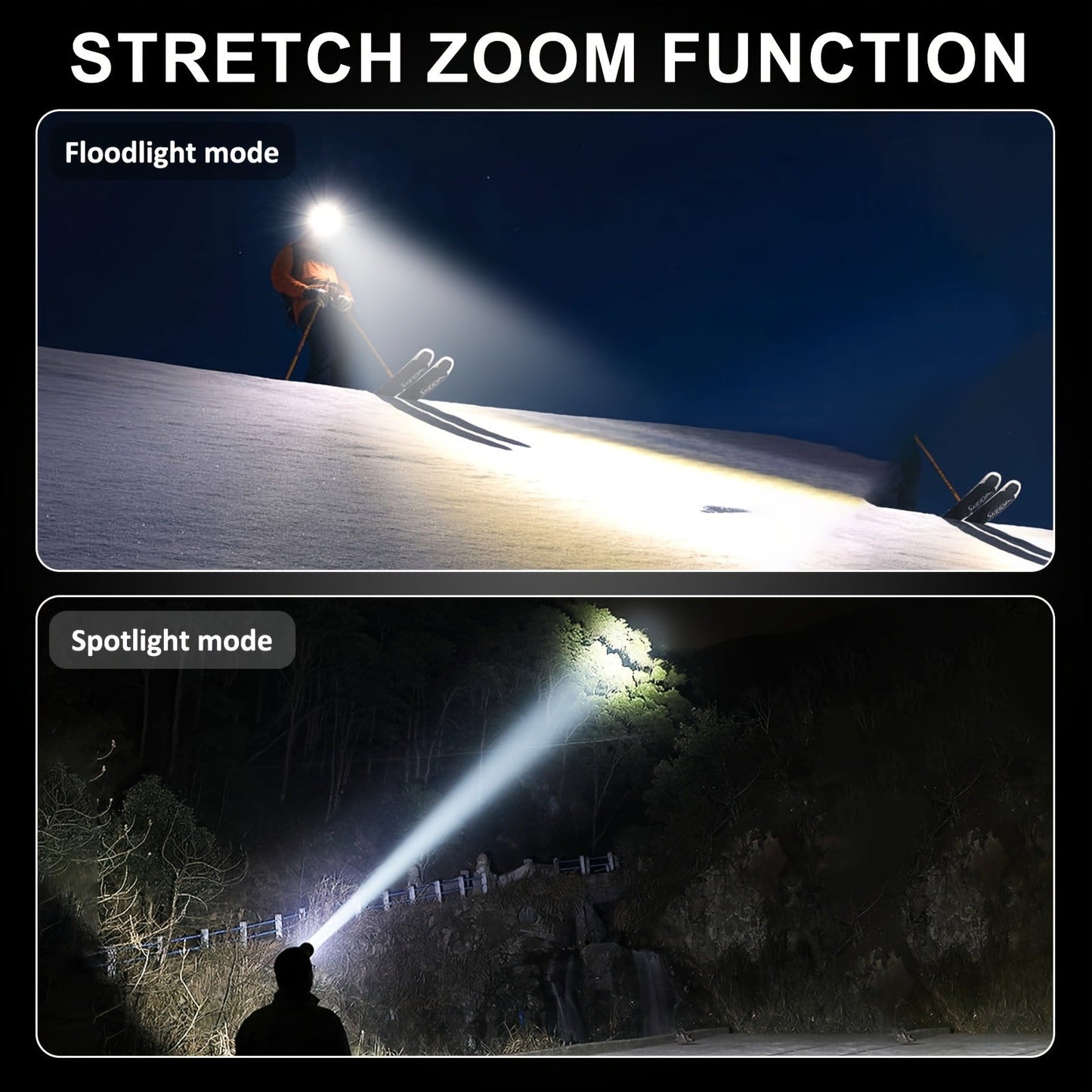 Zoomable LED Headlamp Rechargeable – Adjustable Focal Length, 90° Tilt, Warning Taillight, 4 Modes, Durable Head Torch for Camping, Hiking, Repair Work & Emergency Use