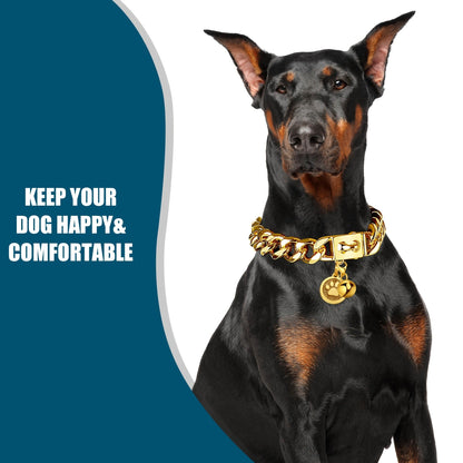 Cuban Link Dog Chain Collar – 19mm Gold Plated Stainless Steel with Snap Lock, 6 Sizes for Puppy Small Medium Large Dogs