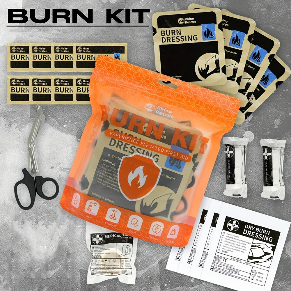 Burn Dressing Kit Emergency First Aid – Rhino Rescue Burn Care Kit with Hydrogel Burn Dressings, Portable Orange Case for Home Outdoor Workplace Camping Survival