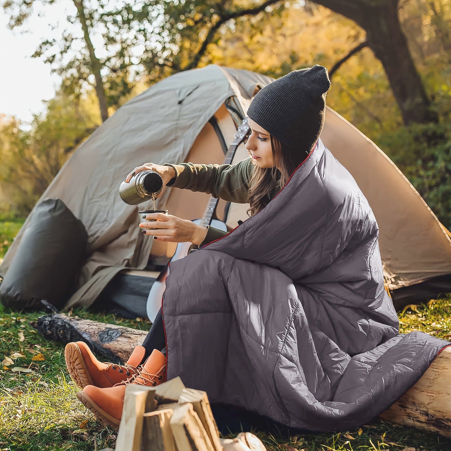 Puffy Camping Blanket Foldable Lightweight Water Resistant with 3D Eye Mask - DWR Coated Outdoor Blanket for Camping, Hiking, Travel, Beach, Stadium & Car, Warm Packable Throw in 4 Colors, 55" x 78"