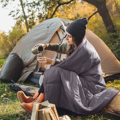 Puffy Camping Blanket Foldable Lightweight Water Resistant with 3D Eye Mask - DWR Coated Outdoor Blanket for Camping, Hiking, Travel, Beach, Stadium & Car, Warm Packable Throw in 4 Colors, 55" x 78"