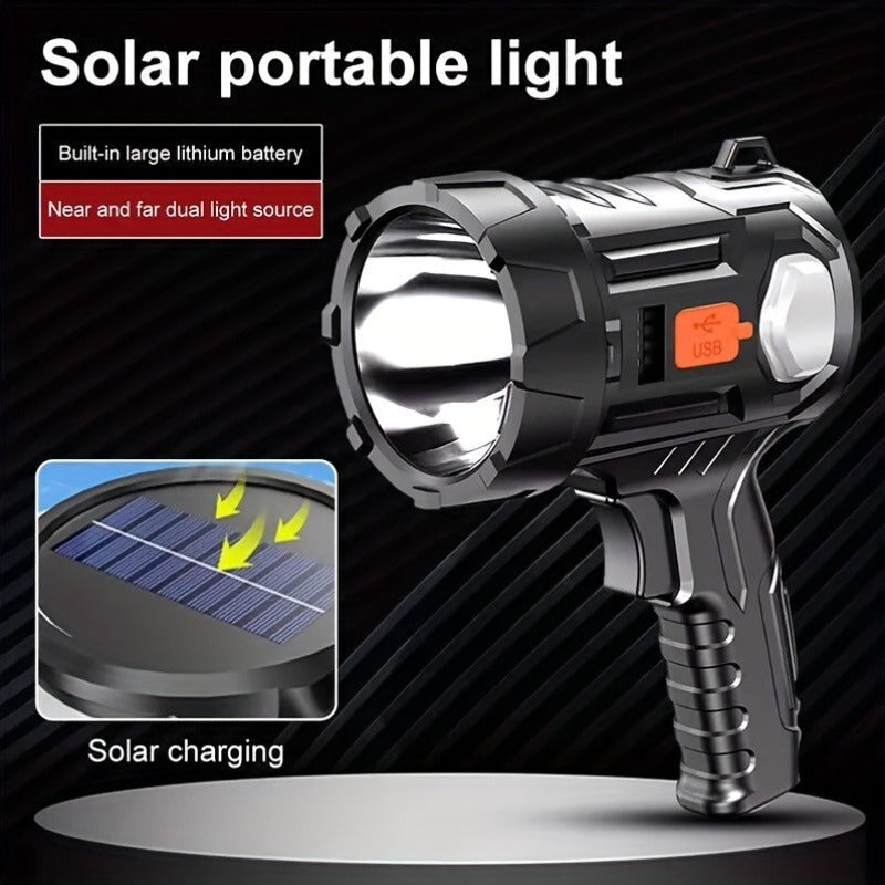 Solar Rechargeable Flashlight Super Bright LED Searchlight USB Charging ABS Spotlight for Camping Hiking Search Emergency Outdoor