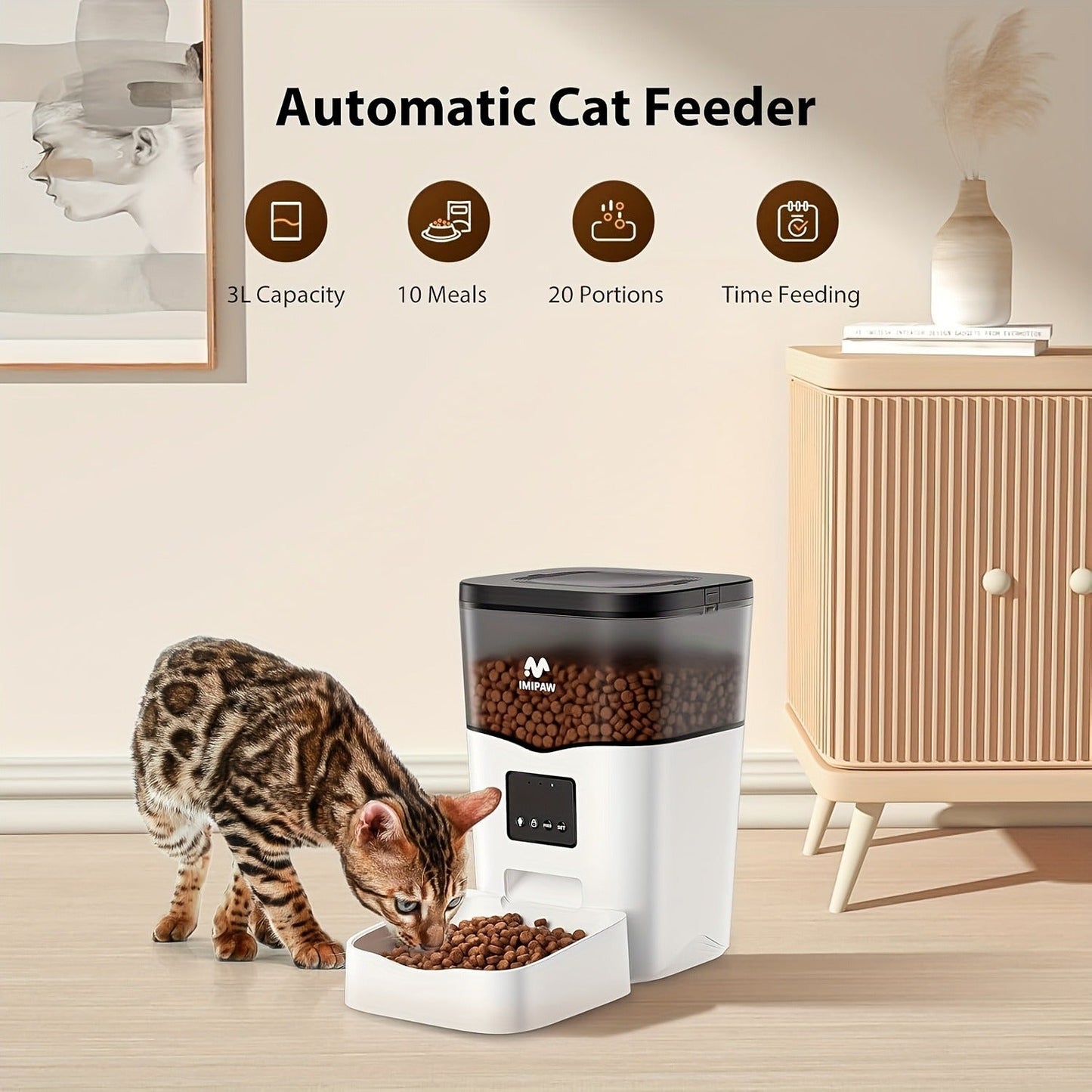 Smart WiFi Automatic Pet Feeder 101oz - App Control, Up to 10 Meals Per Day, HD Camera Option with 2.4G & 5G, Voice Assistant Compatible, USB Powered, Remote Monitoring for Cats & Dogs, IMIPAW
