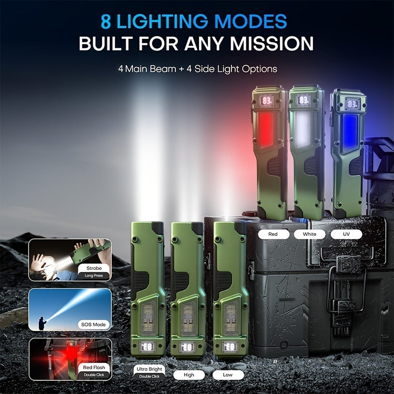 Tactical LED Flashlight EDC Flat Design - 3000 Lumen Rechargeable Torch, 8 Modes UV Light, Aluminum Body, Digital Display, 100M Range for Camping, Hiking & Emergency