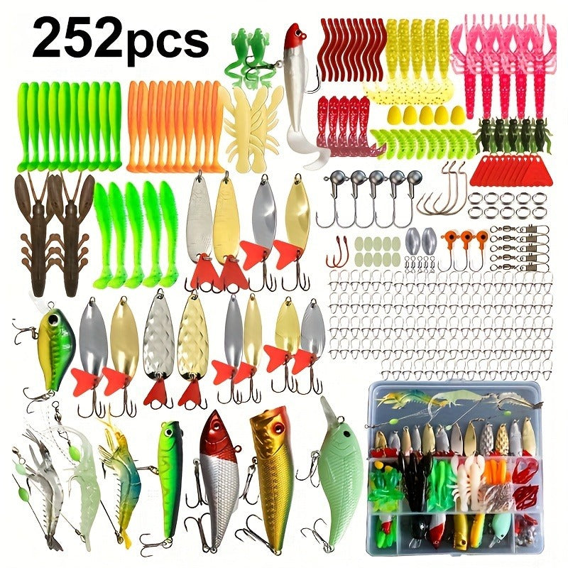 Fishing Lure Kit Tackle Set with Tackle Box – Minnow Baits, Spoon Lures, Soft Worm Baits, Frog Soft Bait, Jig Heads & Rigs – 110pcs / 252pcs / 361pcs Mixed Color Assortment for Bass Trout Pike