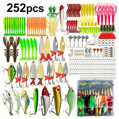Fishing Lure Kit Tackle Set with Tackle Box – Minnow Baits, Spoon Lures, Soft Worm Baits, Frog Soft Bait, Jig Heads & Rigs – 110pcs / 252pcs / 361pcs Mixed Color Assortment for Bass Trout Pike
