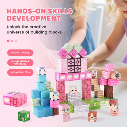 Pink Forest Park Magnetic Building Blocks 100 Piece STEM Set – 3D House Trees & Character Cubes Creative Construction Toy for Imaginative Play Birthday Christmas Gift for Girls Kids Ages 3+