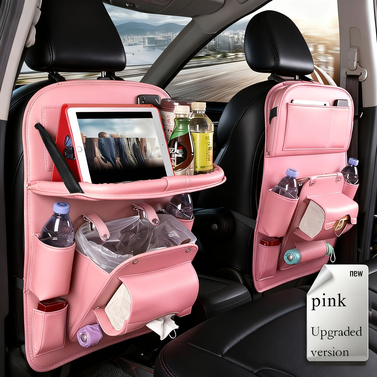 QIANKUNBAG Car Back Seat Organizer with Foldable Tray Interior Tissue Holder, Footrest Protector, And Multi-Pocket Hanging Storage Bag - Durable PU Fabric for Shopping & Essentials Car Seat Organizatio(Pink Black Grey Brown Beige)