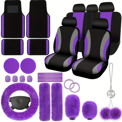 47 Car Seat Cover Full Set Car Seat Covers for Car Front Rear Seat Cover Fluffy Steering Wheel Cover Seat Belt Automotive Floor Mats Car Air Conditioner Decoration Strip Car Accessories Women