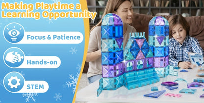 Castle Magnetic Tiles Building Set 102 or 116 Pcs – 3D STEM Sensory Blocks, Pretend Castle Playset for Preschool Boys & Girls Ages 3+, Early Learning & Creative Construction Toy Gift