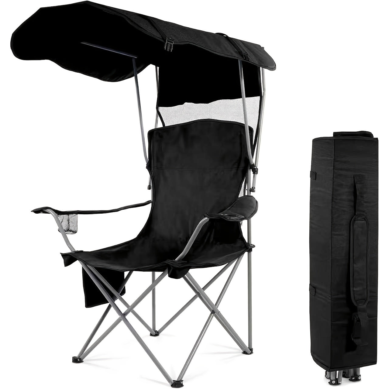 Folding Camping Chair with Sunshade Canopy, Heavy Duty Portable Outdoor Chair with Armrests Cup Holder & Carry Bag for Beach Fishing Picnic Sports