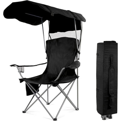 Folding Camping Chair with Sunshade Canopy, Heavy Duty Portable Outdoor Chair with Armrests Cup Holder & Carry Bag for Beach Fishing Picnic Sports