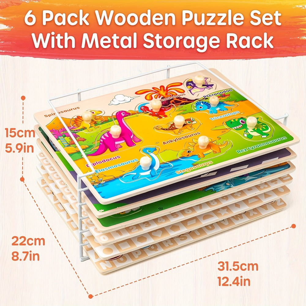 6-in-1 Wooden Toddler Puzzle Set with Storage Rack – Alphabet Number Shape Animal Dinosaur Vehicle Puzzles, STEM Montessori Educational Learning Toy, Gift for Baby Boys Girls Ages 1 2 3