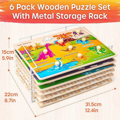 6-in-1 Wooden Toddler Puzzle Set with Storage Rack – Alphabet Number Shape Animal Dinosaur Vehicle Puzzles, STEM Montessori Educational Learning Toy, Gift for Baby Boys Girls Ages 1 2 3