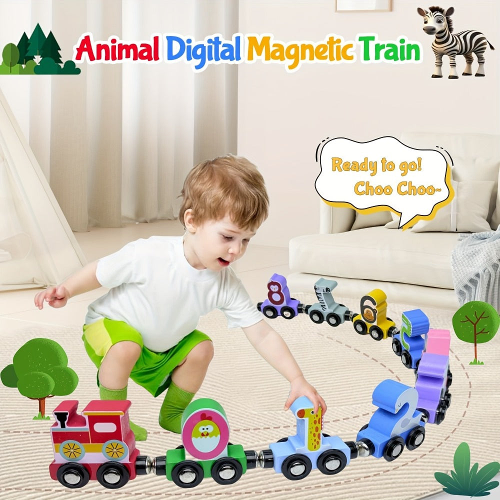 Magnetic Wooden Animal Train Set 12pcs with Storage Bag – Number & Animal Learning Toy for Toddlers Ages 1 2 3 – Christmas Birthday Easter Gift for Boys Girls