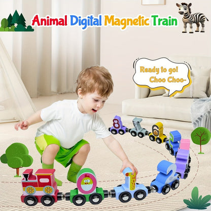 Magnetic Wooden Animal Train Set 12pcs with Storage Bag – Number & Animal Learning Toy for Toddlers Ages 1 2 3 – Christmas Birthday Easter Gift for Boys Girls