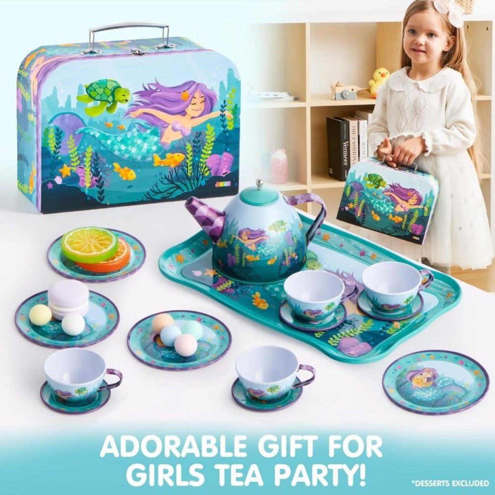 Mermaid Tea Party Set for Girls 21pcs – Tin Teapot, 4 Cups, Saucers, Plates & Carrying Case | Pretend Play Kitchen Toy for Toddlers, Birthday & Christmas Gift for Girls Ages 3 4 5 6