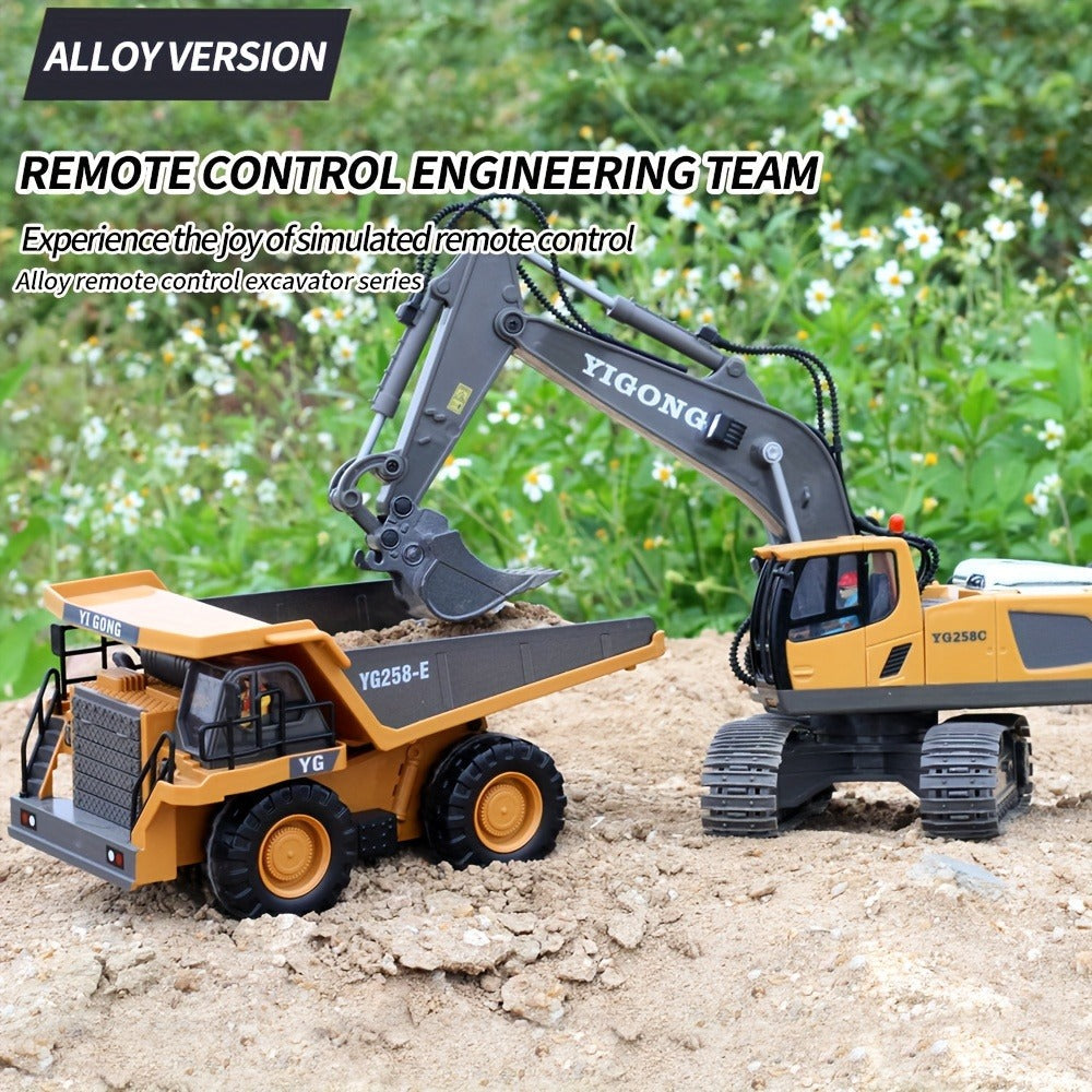 RC Excavator Toy 1:24 Scale 2.4GHz 9-Channel Remote Control with Alloy Metal Cap Lights & Sound Rechargeable Battery – Construction Truck for Boys Ages 6+ Birthday Christmas Gift Multiple Colors