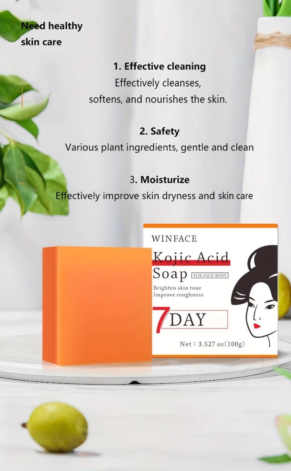 Kojic Acid Brightening Bar Soap 6-Pack – Rose Extract & Glycerin Formula for Dark Spots, Oil Control & Even Skin Tone | Moisturizing Gentle Cleanser for Face, Hand & Body | Natural Orange Scent, 100g Each