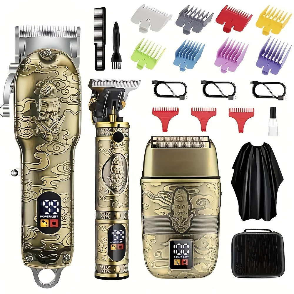 Professional Hair Clippers Trimmer Set for Men - T-Blade Trimmer Nose Hair Trimmer Electric Razor LCD Display USB Rechargeable Zinc Alloy Ergonomic Grooming Kit Bronze